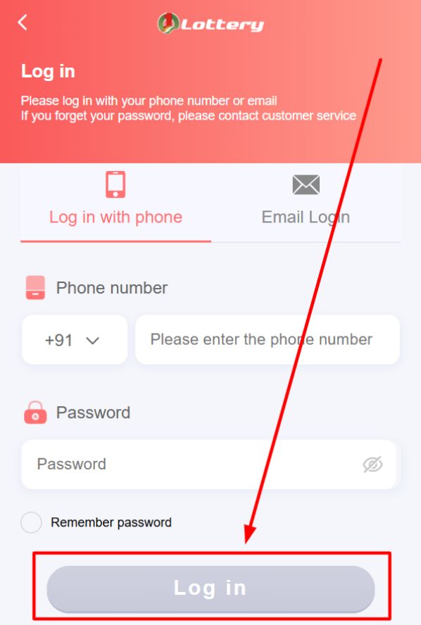 1 Lottery app login screen