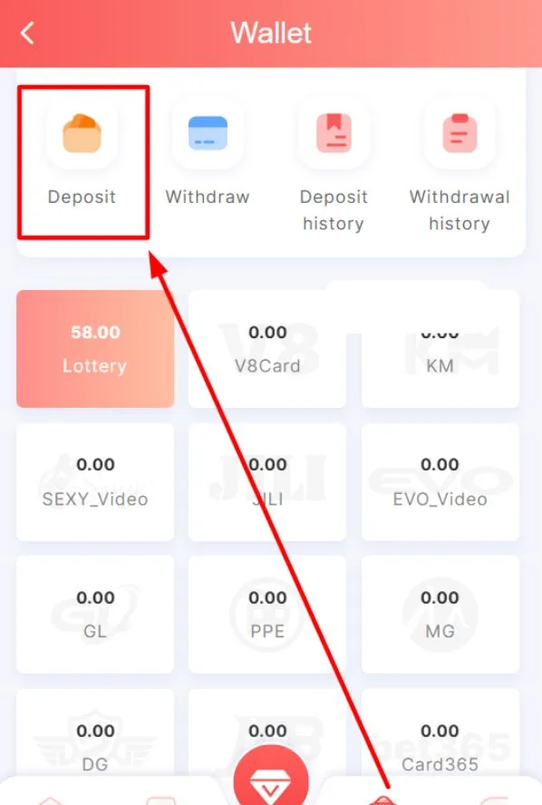Opening the deposit section in 1 Lottery app