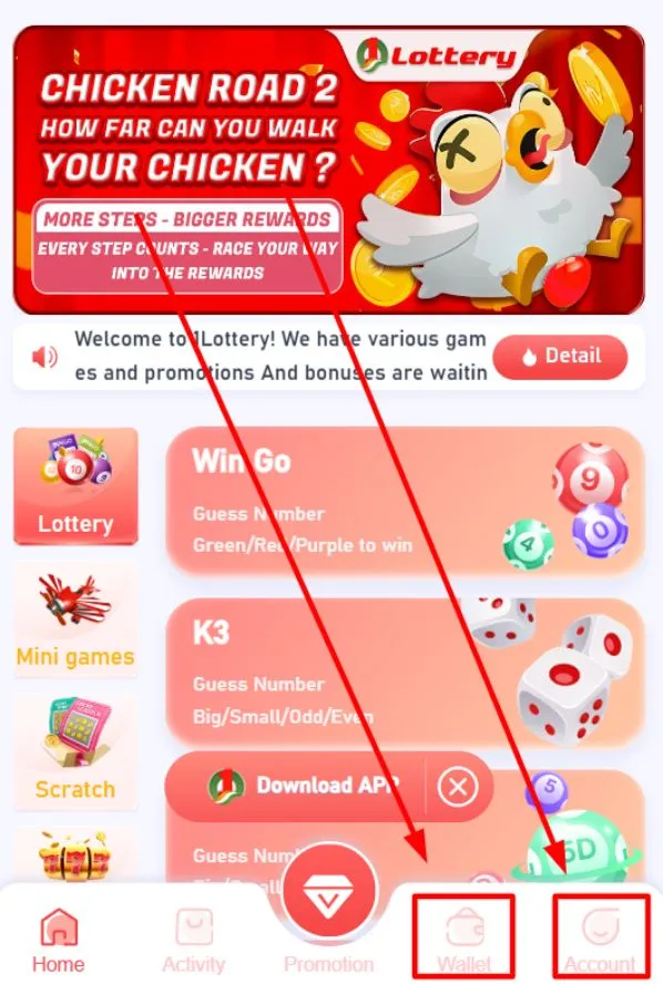 Selecting account or wallet option in 1 Lottery app