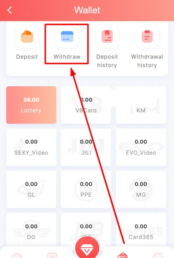 Tap the Withdraw button in wallet